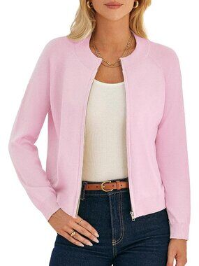 〽️Women's Pink Long Sleeve Zip Up Cardigan Lightweight Knitted Sweater Jacket